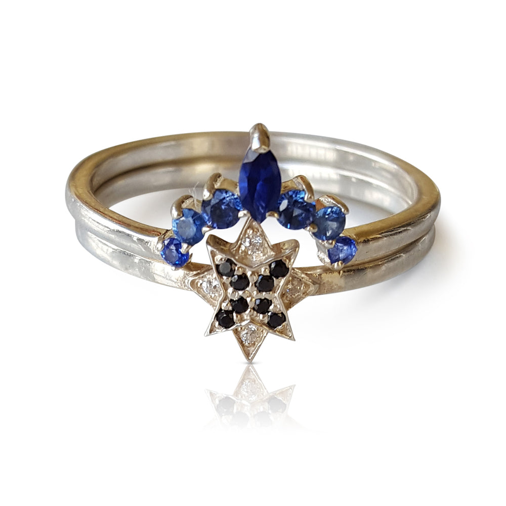 sapphire nesting ring, starburst engagement ring and sapphire band, diamond starburst ring and matching sapphire ring, bridal ring, delicate star band, stackable bridal set, white gold star ring, Sapphire set wedding set, band, set