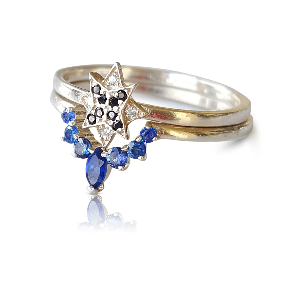 star engagement ring, diamond star set, bridal ring, delicate star band, stackable bridal set, white gold star ring, diamond ring, wedding set, band, set