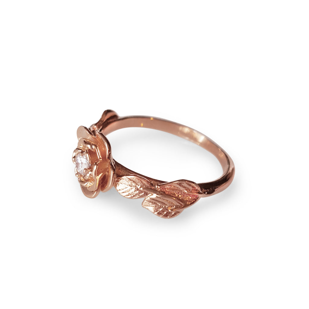 14k rose gold flower ring, diamond flower engagement ring, rose gold bridal ring, bridal wedding set, engagement band 