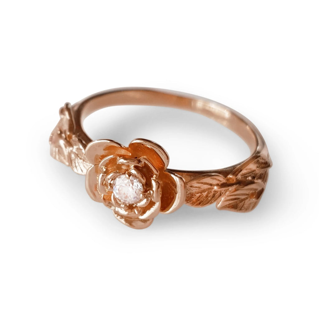 14k rose gold flower ring diamond rose engagement ring, diamond flower Ring, rose ring, 14K diamond Leaves Ring,  14 KARAT vine ring,  Art Nouveau Ring