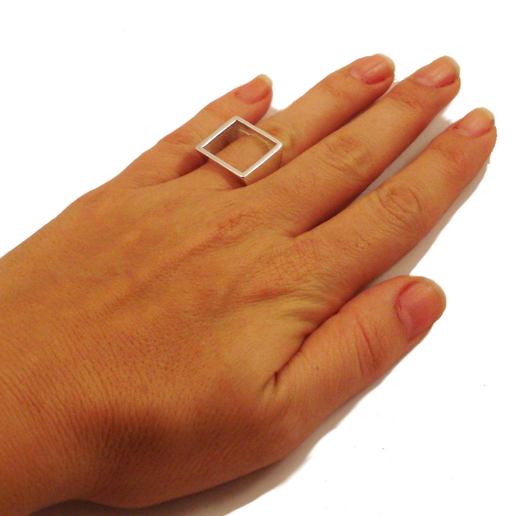 white gold open square ring for her, ring corner, coolest ring online, most desirable ring, geometric minimalist ring