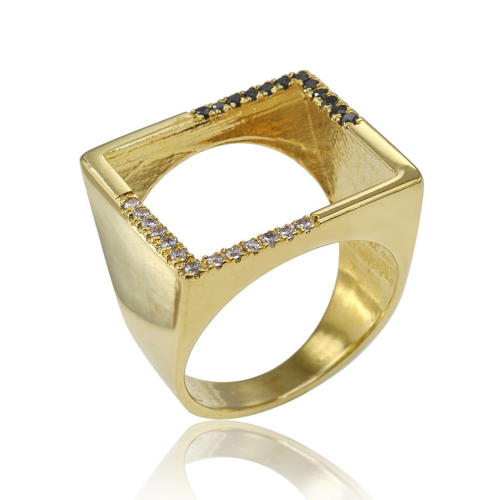 Open Square with White and Black Diamonds Ring in Yellow Gold
