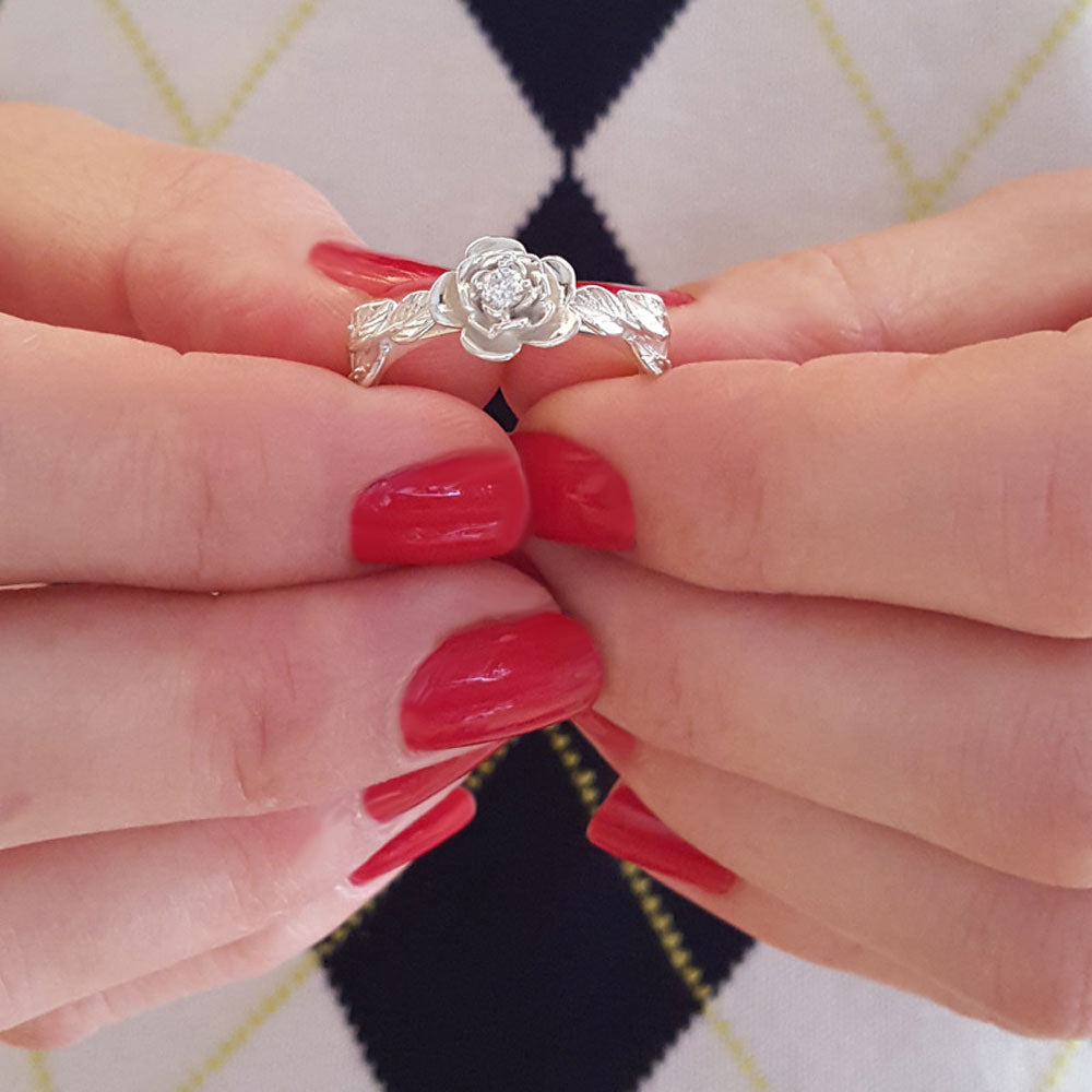 rose engagement ring, diamond flower Ring, rose ring,  diamond Leaves Ring, Vintage engagemen ring,  vine ring,  Art Nouveau Ring, Antique,  diamond r